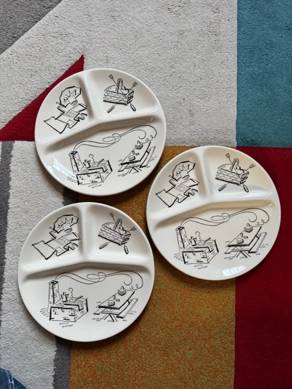 Vintage Style White Sectioned Dinner Plates and Mugs - Black Illustration